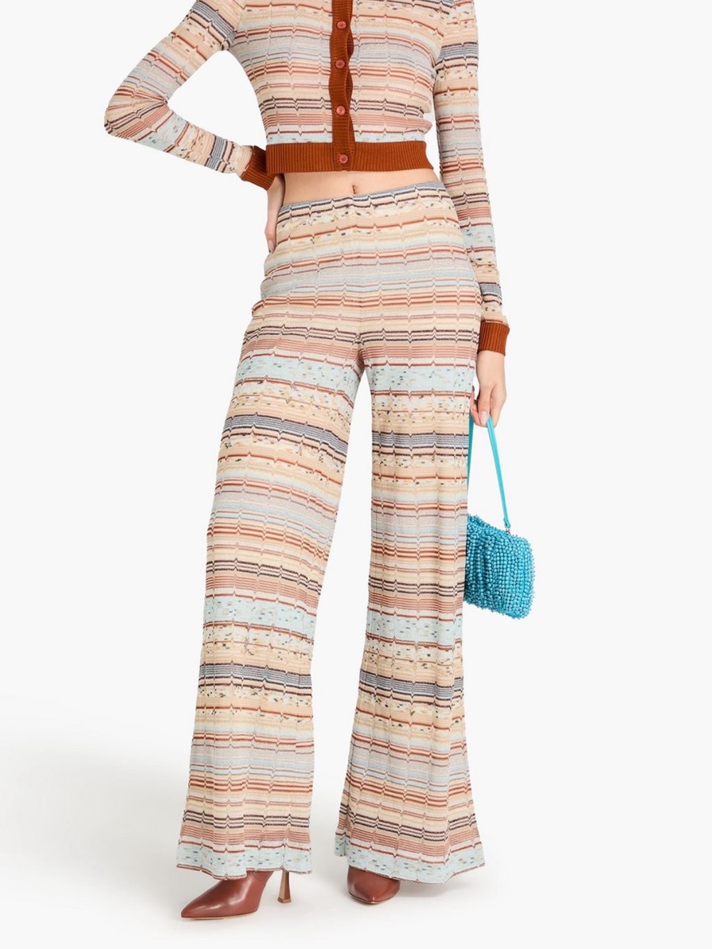 Missoni Cream, Tan & Light Blue Striped Wide-Leg Palazzo Pants